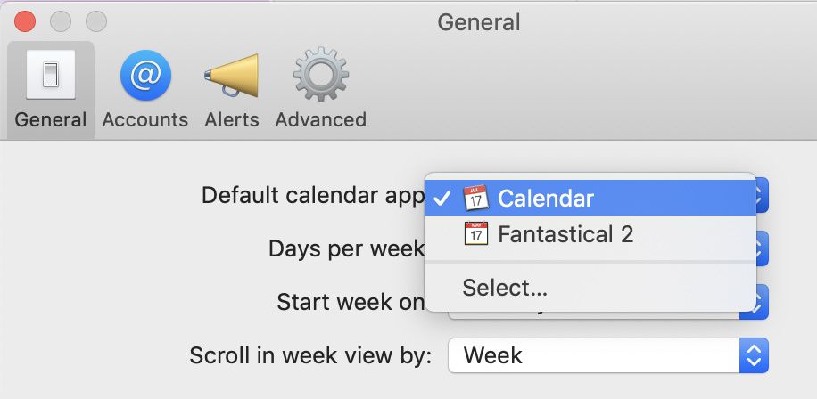 The default calendar app setting in the system Calendar preferences