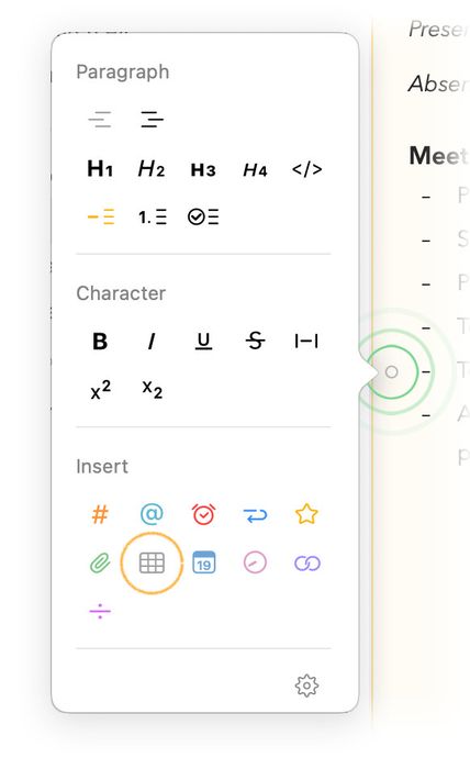 The table option in the gutter popover