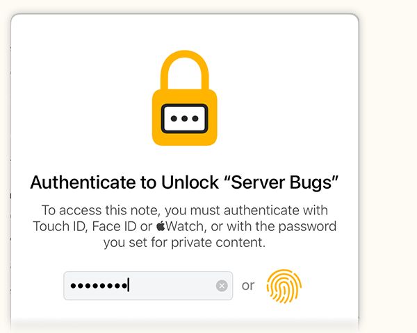 A locked note requiring authentication before its content is shown
