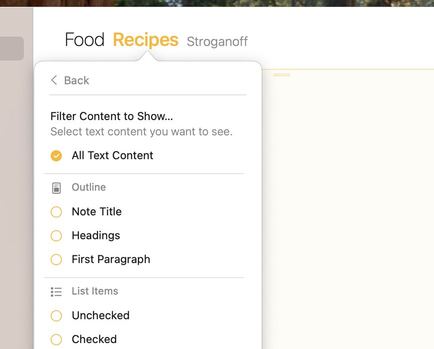 The filter content panel on macOS