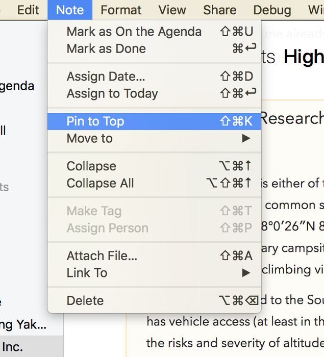 The Pin to Top menu option on macOS