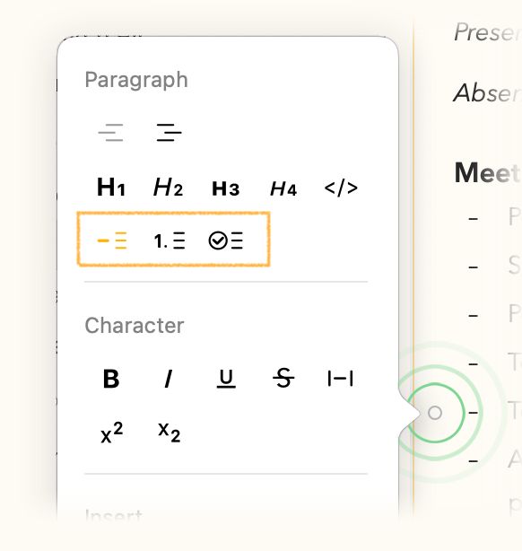The formatting popover with the list options