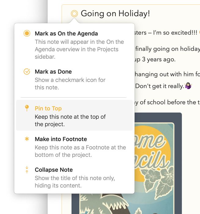 Tapping the orange dot before a note title on iOS