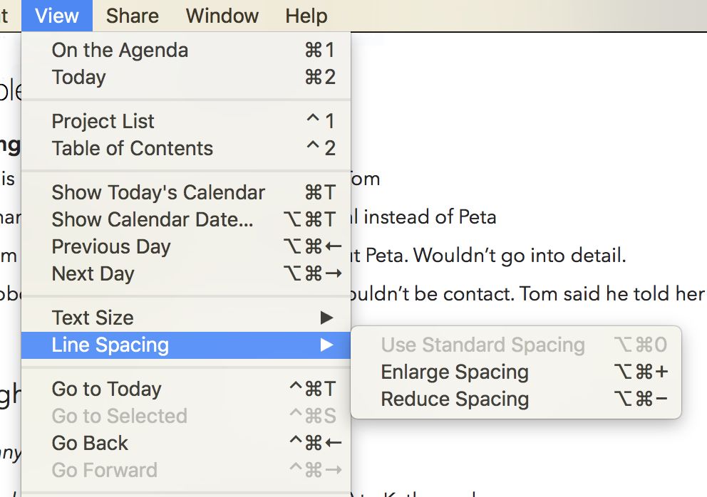 The Line Spacing item in the View menu on Mac