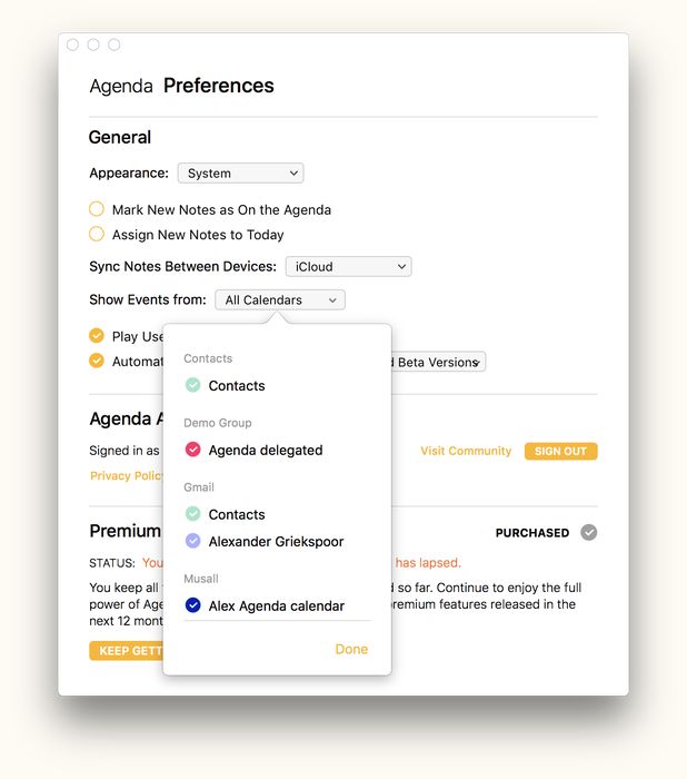 The calendar selection settings