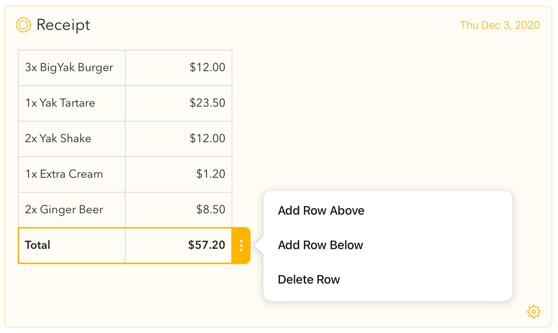 The row menu, with the options to add a row above or below