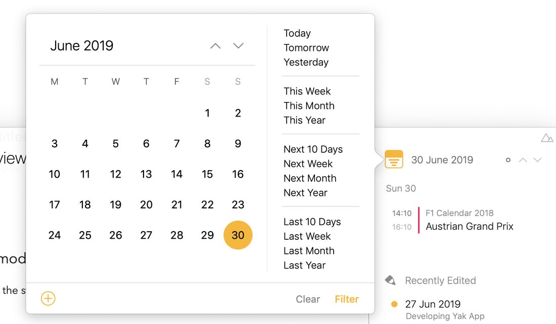 The calendar popover for filtering the timeline