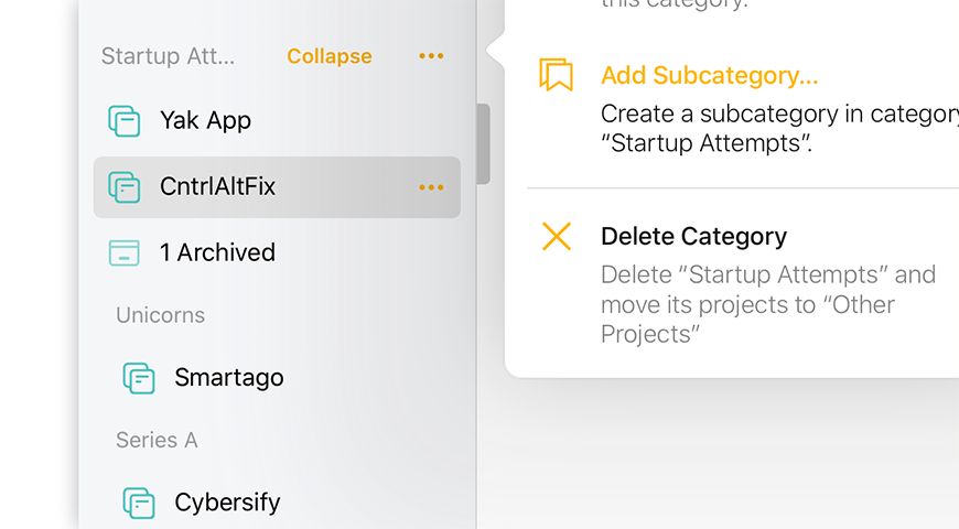 Projects organised into subcategories in the sidebar