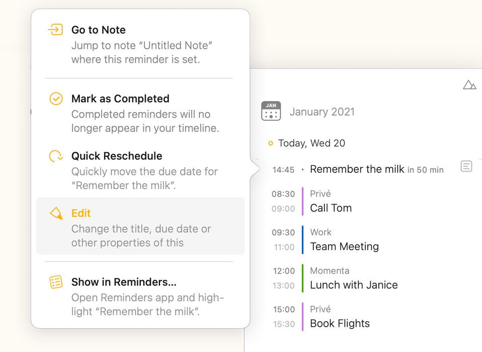 Editing a reminder from the related panel