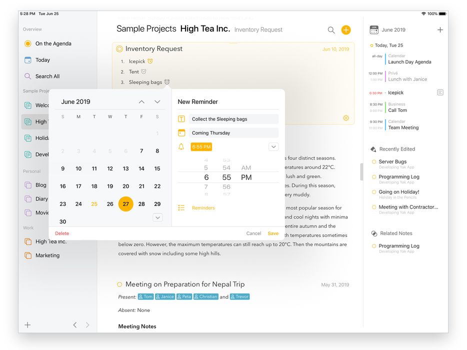 The reminder details popover on iPad