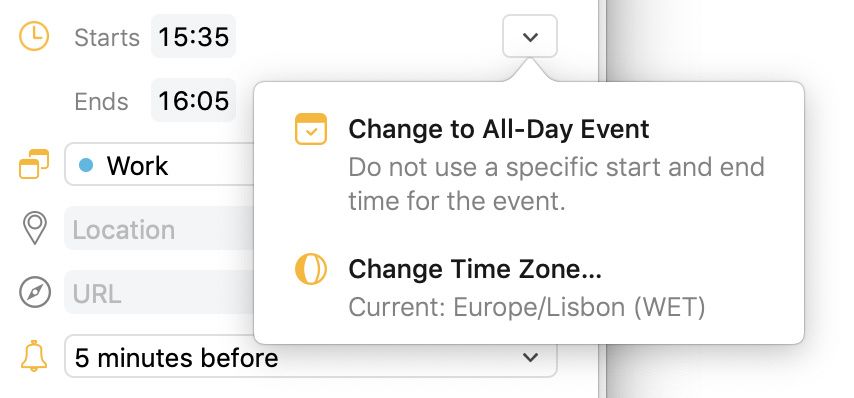 The menu for switching between a timed and all-day event