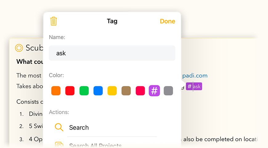 Colour-coded tags in a note