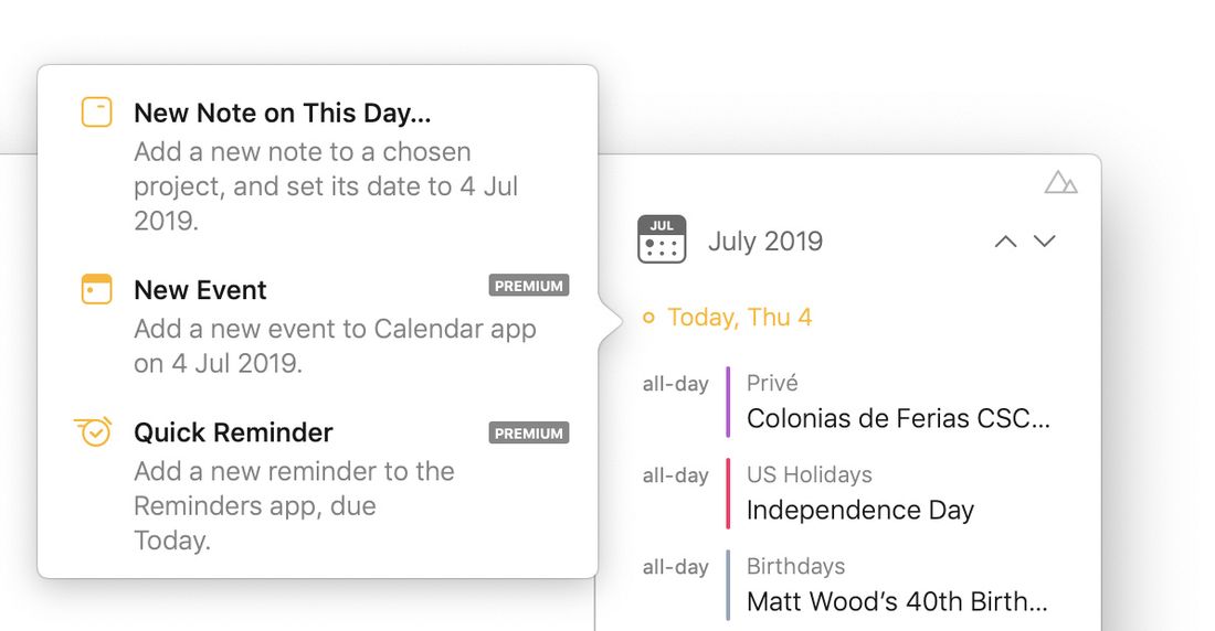 The menu shown when tapping a day header in the timeline