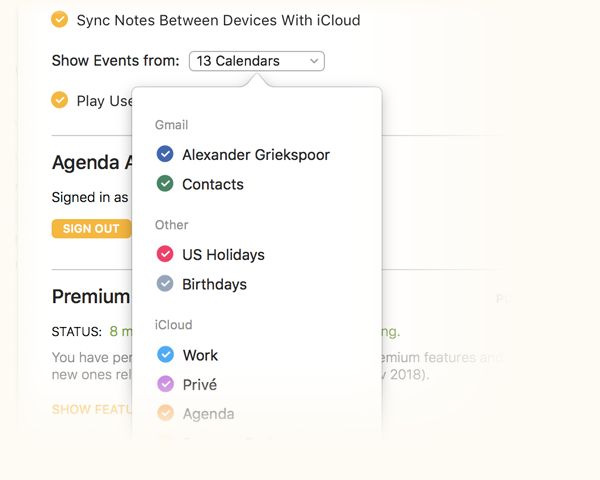 Selecting which calendars and reminder lists appear in Agenda