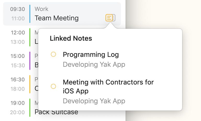 The menu listing multiple notes linked to one event