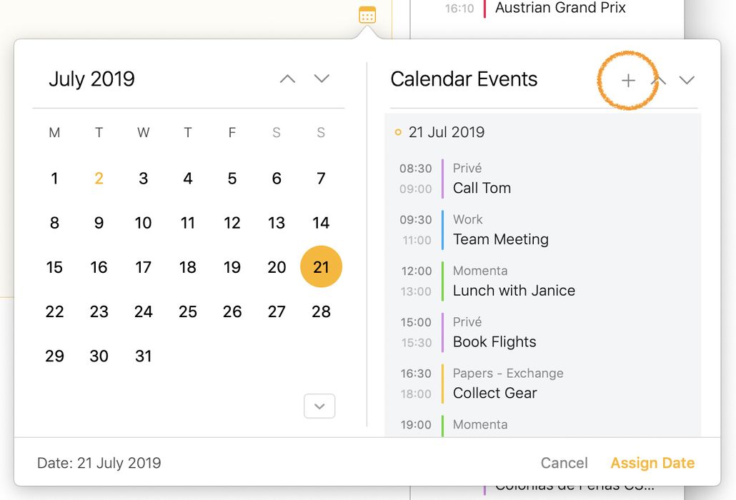 The plus button in the calendar date selection popover