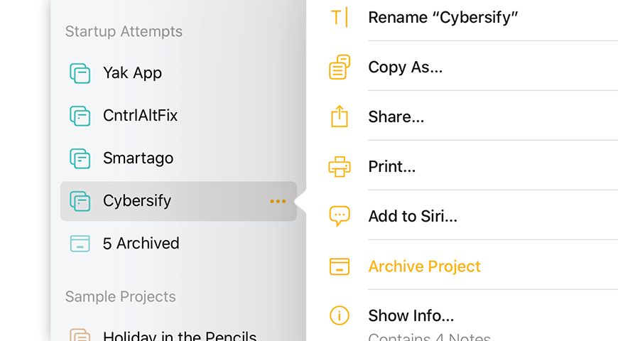 Archiving a project from the sidebar