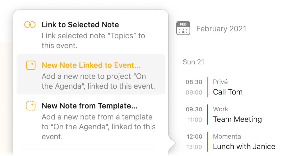 The menu of actions for a calendar event in the timeline