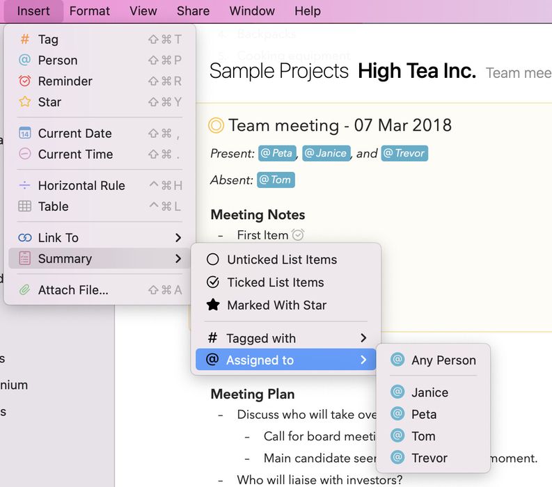 The Insert > Summary menu, showing the types of summary