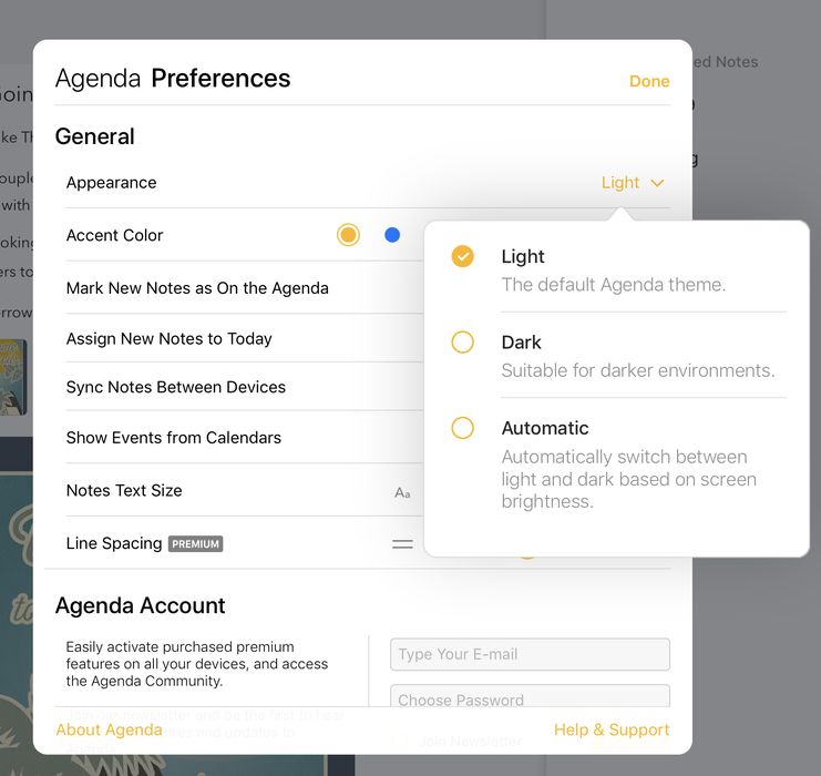 The auto dark mode setting in the Agenda preferences