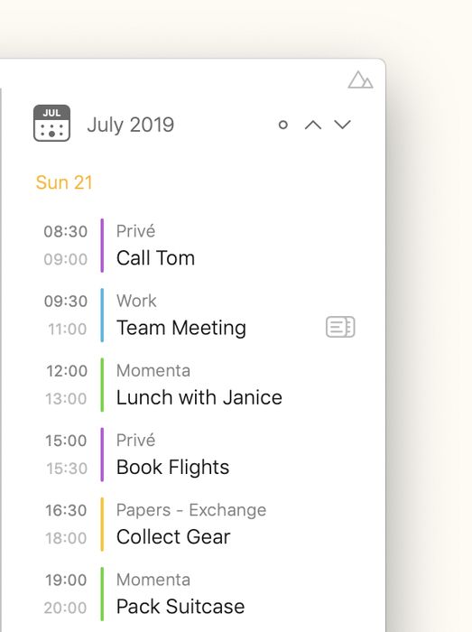 The timeline showing events and reminders grouped by day