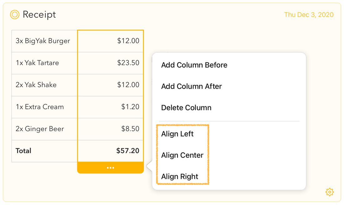The column alignment options in the column menu