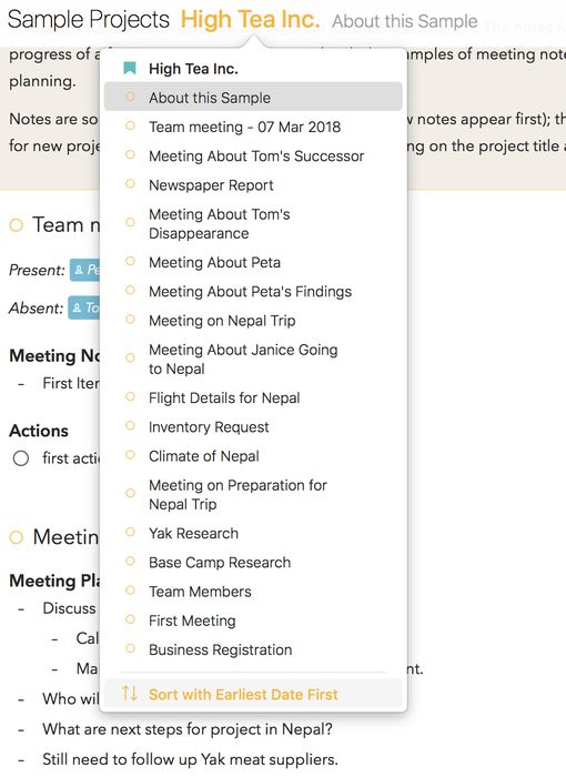 The sort order options at the bottom of the project popover