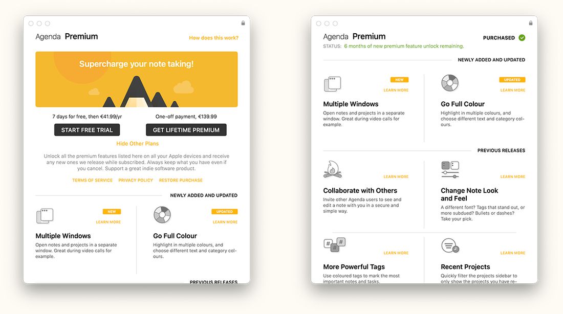 The Premium Features Overview window before and after purchase