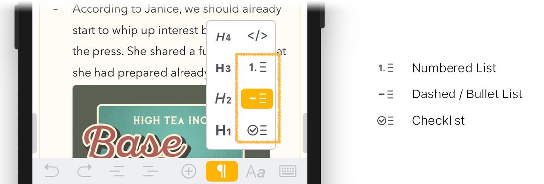 The list options under the ¶ button in the keyboard bar