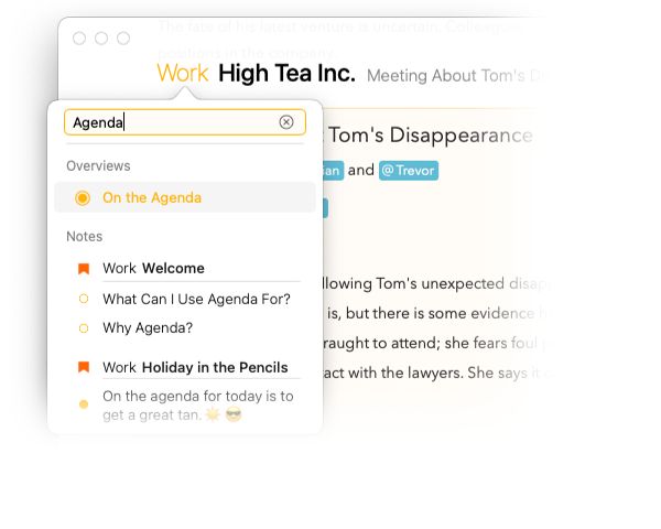 The Open Quickly floating search field showing matching notes
