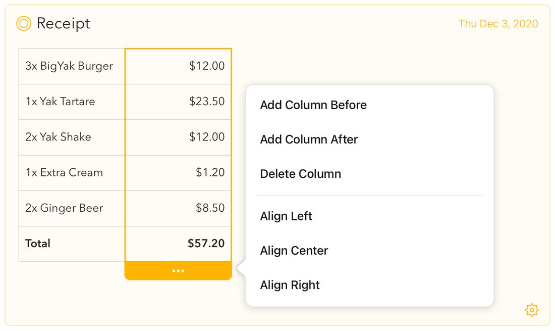 The column menu, with the options to add a column before or after