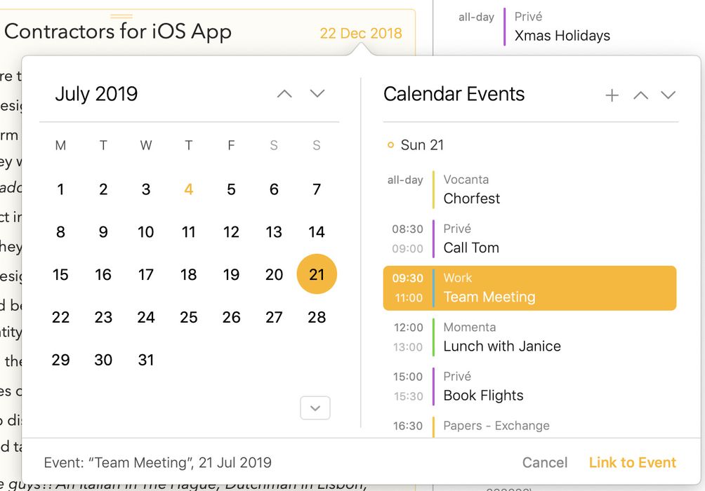 Selecting a calendar event in the date popover